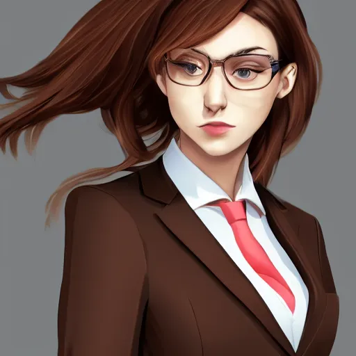 Prompt: woman in business suit, brown neat hair, pixiv, fanbox, trending on artstation, portrait, modern, sleek, highly detailed, formal, serious, determined, competent, colorized, smooth, charming, pretty, safe for work