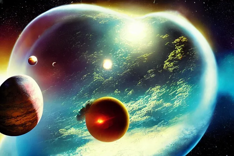 Prompt: Planet system with a earth-like exoplanet, cinematic, nebulas, Chris Foss