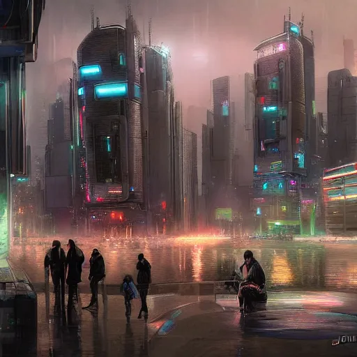 Prompt: futuristic cyberpunk Norwich by James Gurney