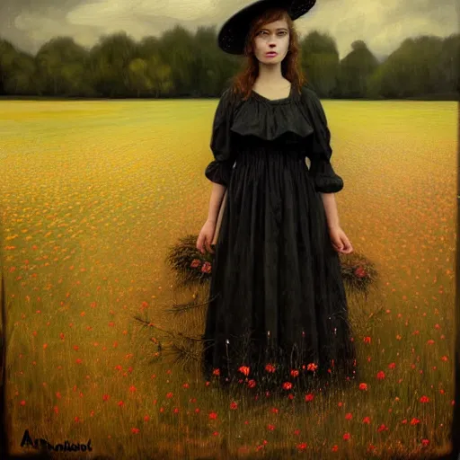 Prompt: a girl standing in a field, wearing black old dress and hat, by andrea kowch, andrea kowch style painting, dark, scene, magicrealism, flowers in background,