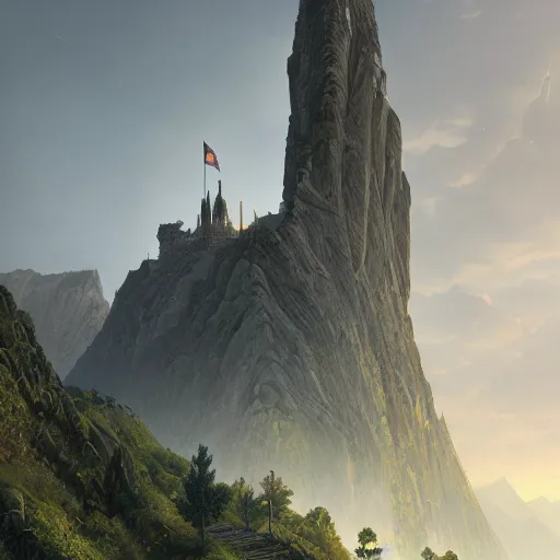 Prompt: A professional digital painting of monumental futuristic castle in mountains, by Greg Rutkowski and James Gurney, trending on Artstation, green architecture, futuristic, ultra detail, octane render