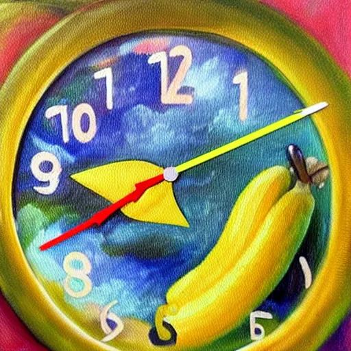 Image similar to oil painting impressionist stopwatch clock and banana arrow flying through the air, ( bugs flies buzzing around ), whimsical, detailed,