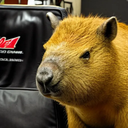 Image similar to huge fat capybara sitting in a gamer chair and drinking mountain dew gamer fuel, digital photography,