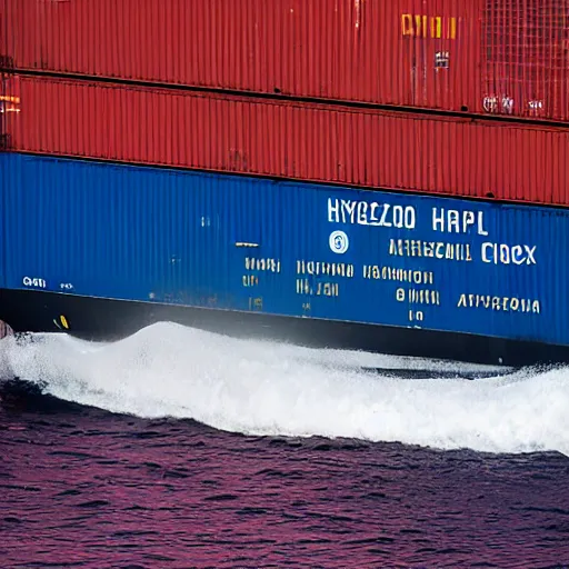 Image similar to close up of a a hydrofoil container ship in baltimore maryland. on the ship are haphazardly stacked multi - color shipping containers. the time is the golden hour and the water is very choppy. canon eos digital rebel xti, 1 0 0 - 3 0 0 mm canon f / 5. 6, exposure time : 1 / 1 6 0, iso 4 0 0