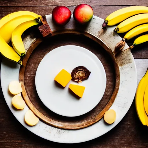 Prompt: beautiful photo of a sailing ship made from mango, bananas and apple pieces on a white plate, dslr