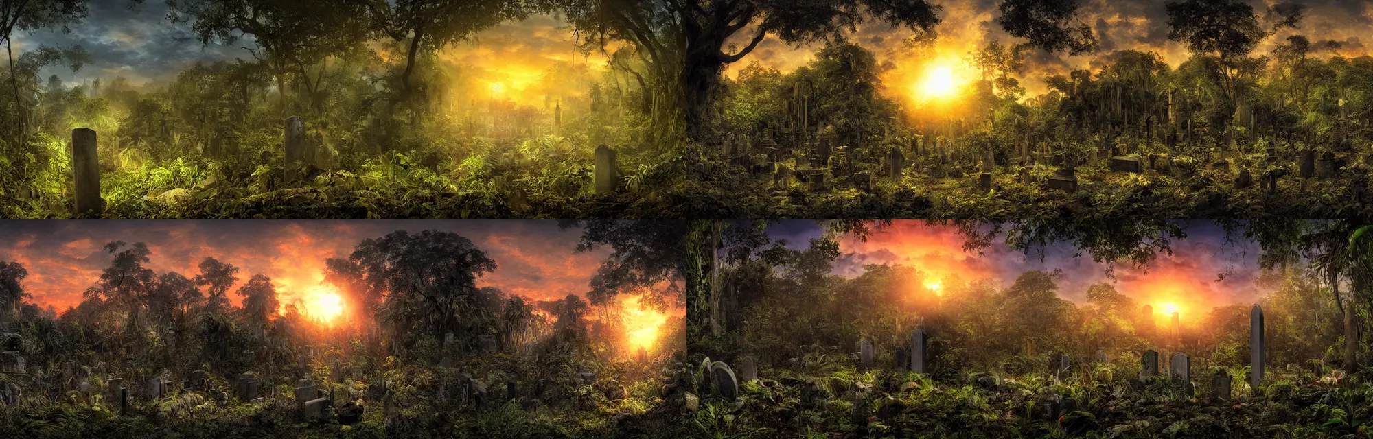 Prompt: backlight gravestone backlight jungle panorama with dramatic mood and sunset by frazetta
