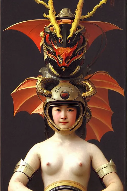 Image similar to portrait of a evil dragon astronaut with chinese dragon armor and helmet, majestic, solemn, by bouguereau