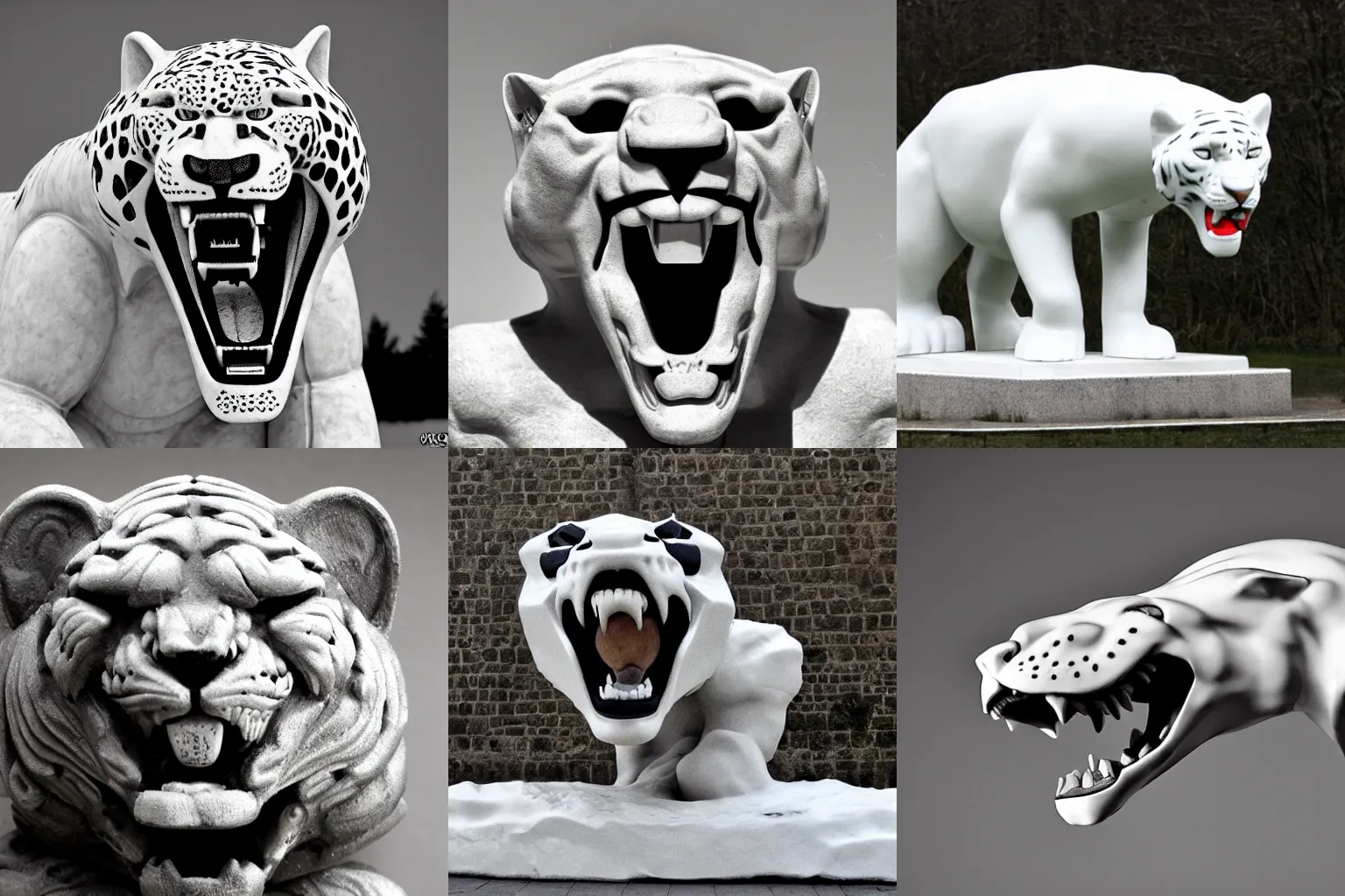 Prompt: soviet sculpture of an angry white jaguar black on white