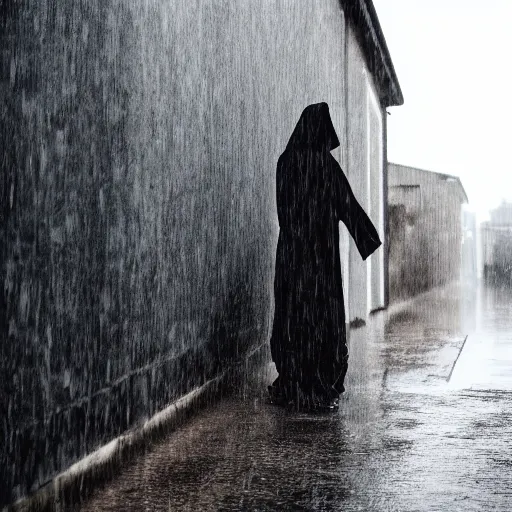 Prompt: A demonic hooded figure leaning on a wall in a alleyway during a rain storm