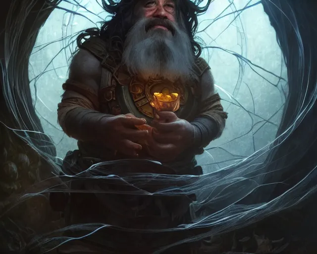 Image similar to a 4 k cinematic screenshot still portrait of a dwarf in a dark liminal space room surrounded by spider webs, deep focus, d & d, fantasy, intricate, elegant, highly detailed, digital painting, art station, concept art, matte, sharp focus, illustration, dark fantasy style art, hearthstone, art by artgerm and greg rutkowski and alphonse mucha