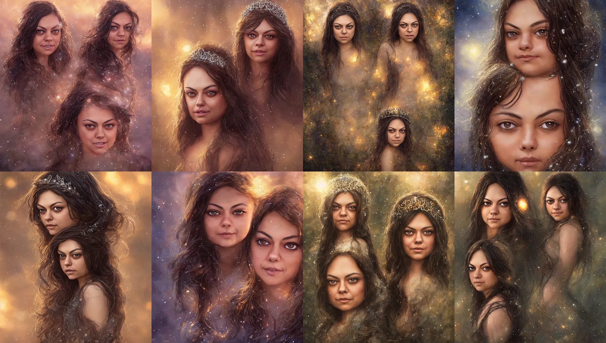 Prompt: big - eyed mila kunis winter princess smiling intensely into the camera, sundown golden hour firefly wisps, steve hanks, charlie bowater, mark brooks, steve henderson, justin gerard, mark keathley, victor nizovtsev, tom bagshaw, krenz cushart, ross tran, focal length : 2 0 0. 0 mm