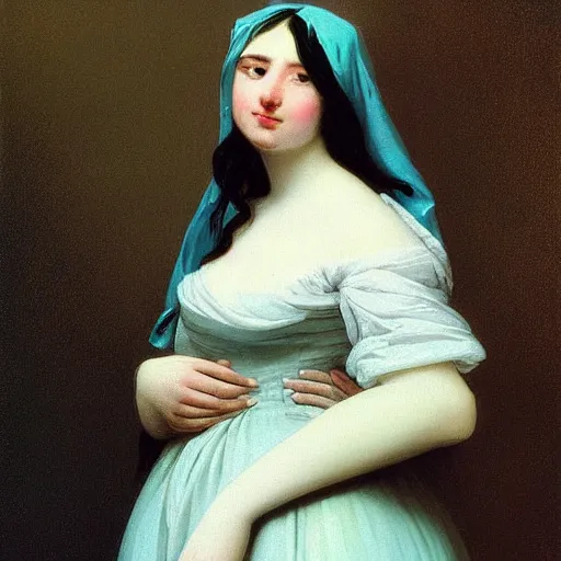 Prompt: a young woman’s face, her hair is white, she wears a long flowing blue satin veil, by ivan aivazovsky and and pieter claesz and paul delaroche and alma tadema and august malmstrom and and willen claesz heda and aelbert cuyp and gerard ter borch, hyperrealistic, rendered in octane