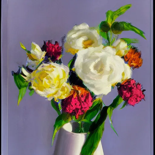 Image similar to a white ceramic vase, with colored flowers, complementary colors, studio photo, photorealism, symmetry.