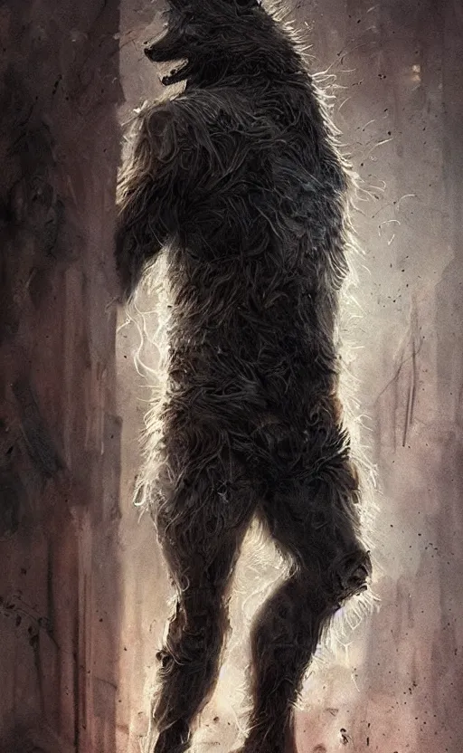 Image similar to hyperrealistic, Portrait of a werewolf, torn clothing, fantasy, urban, highly detailed, cinematic lighting, digital art painting by greg rutkowski