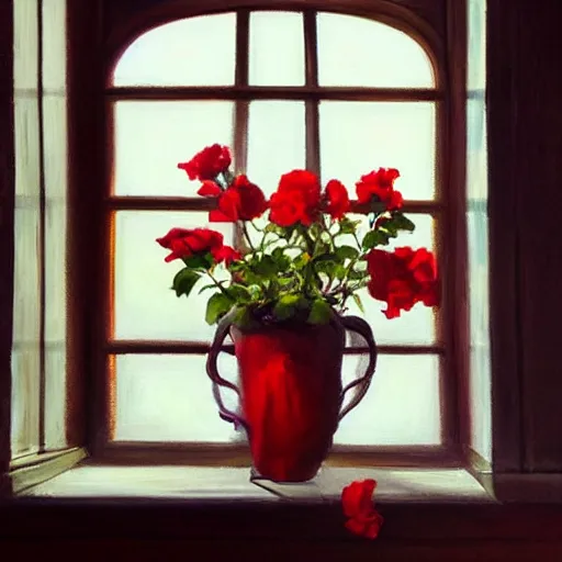 Image similar to A painting of a windowsill with flowers. Red roses. Blue Violas. The natural light from the window would be shining in on the scene. Trending on artstation