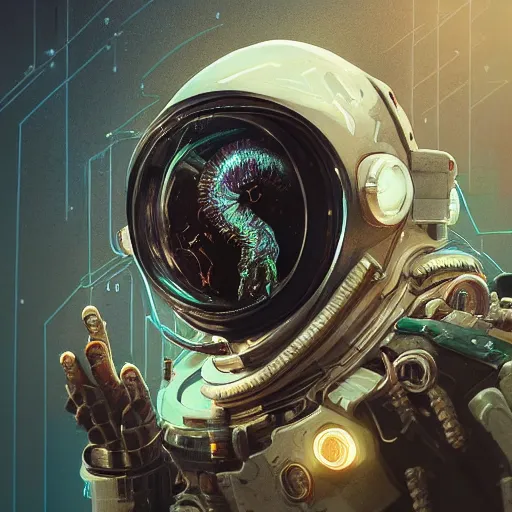 Image similar to hyperrealistic portrait of a squid monster astronaut, full body portrait, well lit, intricate abstract. cyberpunk, intricate artwork, by Tooth Wu, wlop, beeple. octane render,in the style of Jin Kagetsu, James Jean and wlop, highly detailed, sharp focus, intricate concept art, digital painting, ambient lighting, 4k, artstation