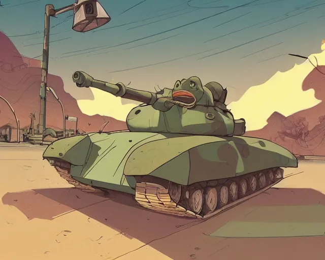 Prompt: a study of cell shaded cartoon of a frog driving a tank on a desert road, street lamps, road, illustration, wide shot, subtle colors, post grunge, concept art by josan gonzales and wlop, by james jean, victo ngai, highly detailed, sharp focus, trending on artstation, hq, deviantart, art by artgem