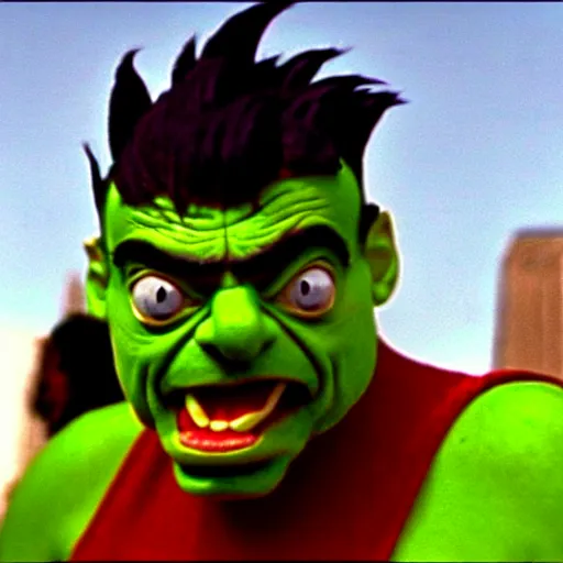 Image similar to mr. bean as blanka from the streetfighter movie. movie still. cinematic lighting.