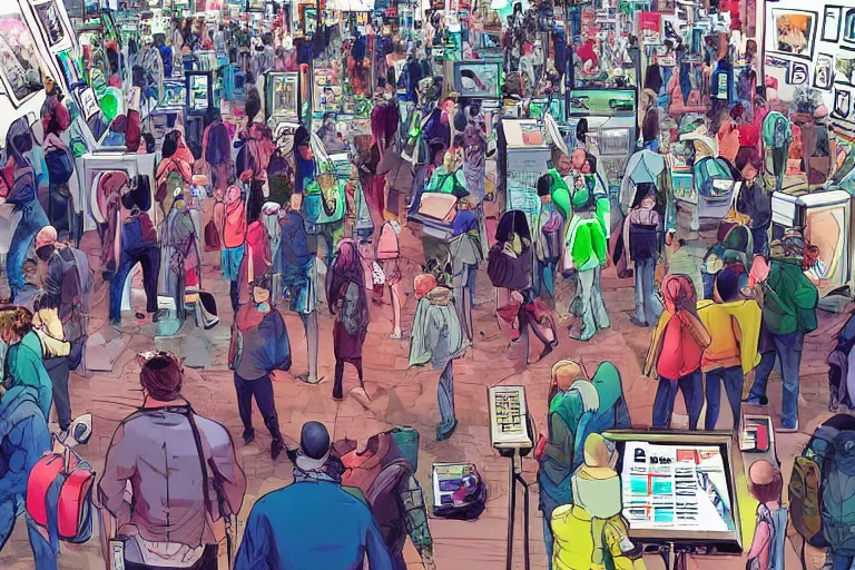 Image similar to people visiting crypto art market in the future, rennaisance, people, gallery, cable, akira, bright colors, concept art