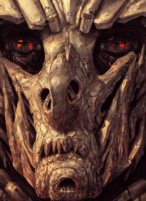 Prompt: close up portrait of a monster robot in the mountains of hell, oil painting by tomasz jedruszek, cinematic lighting, pen and ink, intricate line, hd, 4 k, million of likes, trending on artstation