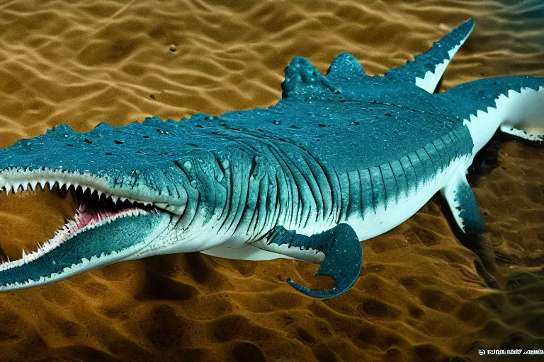 Image similar to a crocodile shark!!! hybrid! hyper realistic!! realistic lighting!! wildlife photographer of the year!!! bold natural colors, national geographic, hd, wide angle, 8 k