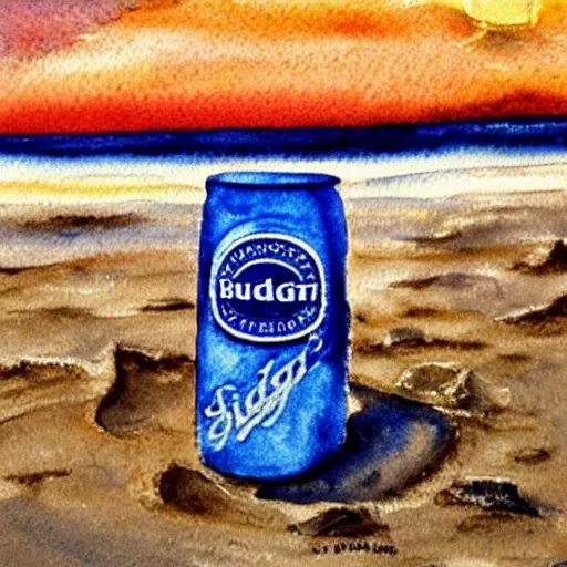 Image similar to can of bud light sittin in the sand on the beach, detailed, watercolor, sunset