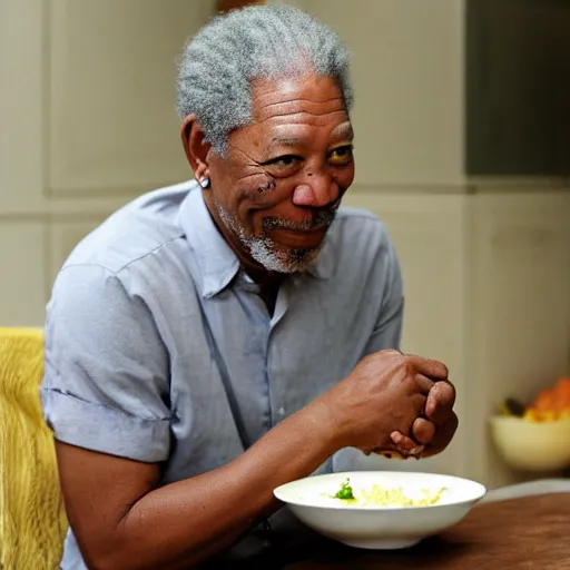 Image similar to Morgan Freeman eating a bowl of rice