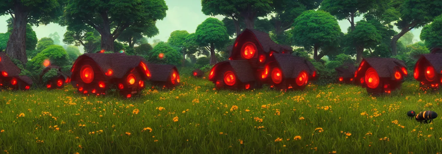 Prompt: stunning glowing dominant large highlighted crimson - black beehive, oversized cute bees in a beautiful forest meadow village landscape, flowers, happy trees, photorealistic, octane render, rtx, hdr, unreal engine, digital art widescreen 8 k, studio ghibli, pixar, disney, wlop