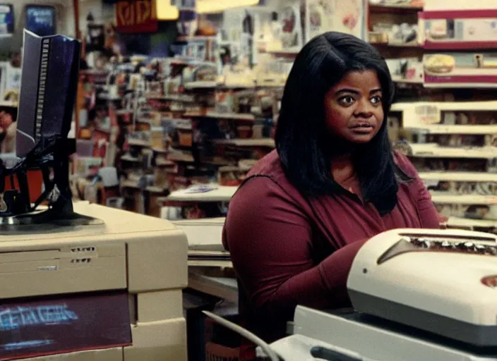 Image similar to cinematic shot of octavia spencer in an small used electronics store next to an old electronic keyboard, iconic scene from the paranoid thriller sci fi film directed by stanley kubrick, anamorphic cinematography, beautiful composition, color theory, leading lines, photorealistic, moody volumetric lighting