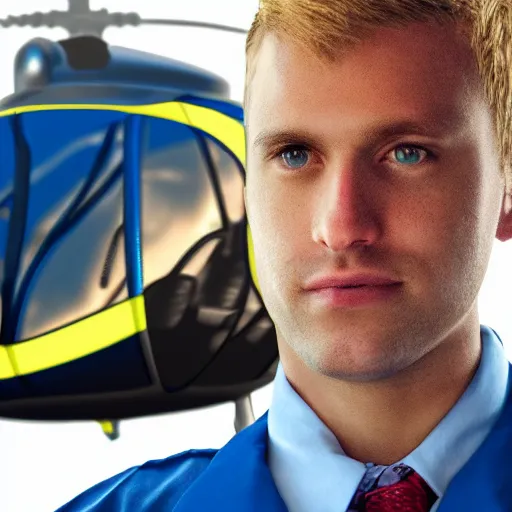 Image similar to blond male doctor in front of helicopter, epic lighting, digital art