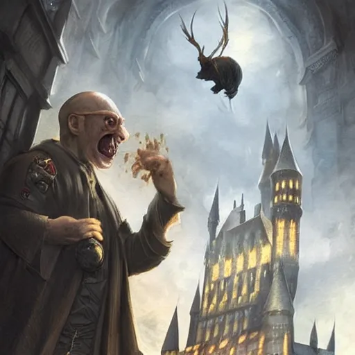 Image similar to a brilliant pig looking like harry potter, fighting against voldemort with magic in front of hogwarts, fantasy art, illustration, amazing detail, in the style of greg rutkowski, artgerm, cgsociety