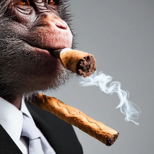 Image similar to a high detail closeup shot of a depressed monkey wearing a suit and smoking a cigar