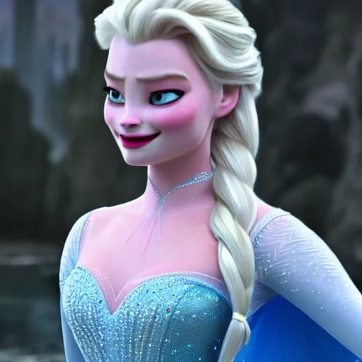 Image similar to Margot Robbie as Elsa in disney frozen live action, 8k full HD photo, cinematic lighting, anatomically correct, oscar award winning, action filled, correct eye placement,