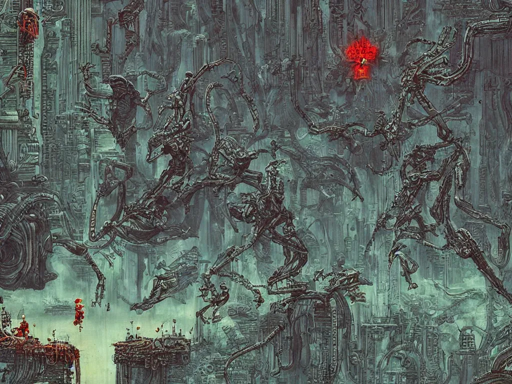 Image similar to Sega Mega Drive Genesis sidescroller game by H.R. Giger, Todd McFarlane, Zdzislaw Beksinski, pixelated