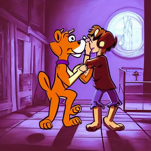 Image similar to “scooby and shaggy kissing, trending on artstation, intricate, highly detailed, masterpiece, dynamic lighting, realistic,”