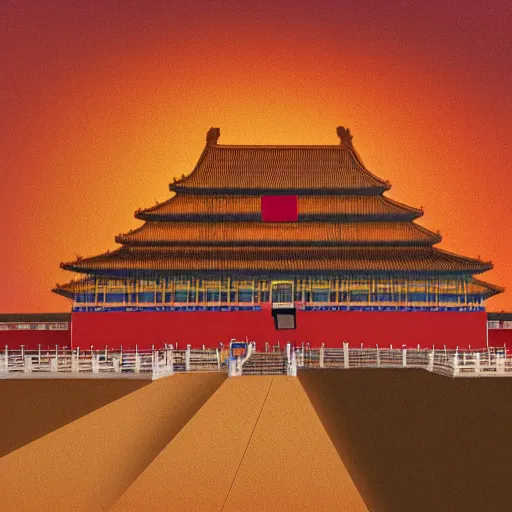 Image similar to The forbidden city with sunset at golden hour, in the style of sandpainting