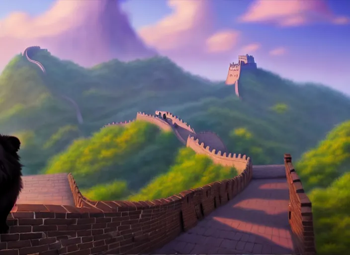 Image similar to a wholesome animation key shot of a black tibetan spaniel, great wall of china in the background, studio ghibli, pixar and disney animation, sharp, rendered in unreal engine 5, anime key art by greg rutkowski, bloom, dramatic lighting