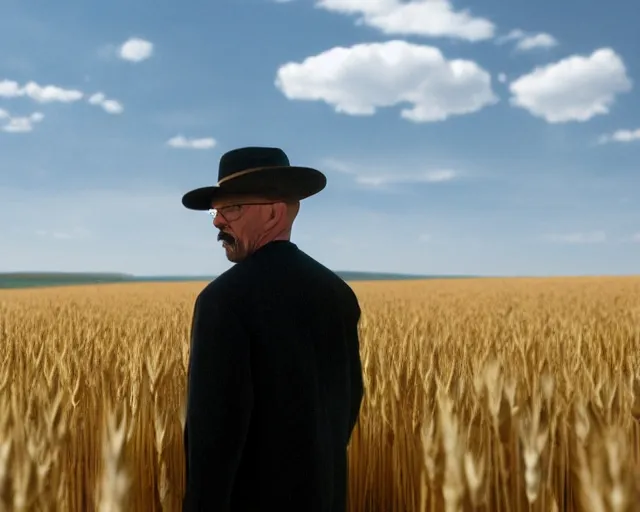 Image similar to extreme long shot of walter white wearing a black hat facing gustavo fring from a distance in a wheat field, insanely detailed, low angle, side view, perfect angle, 8 5 mm photograph, 8 k resolution, wide shot, sharp lens, cinematic