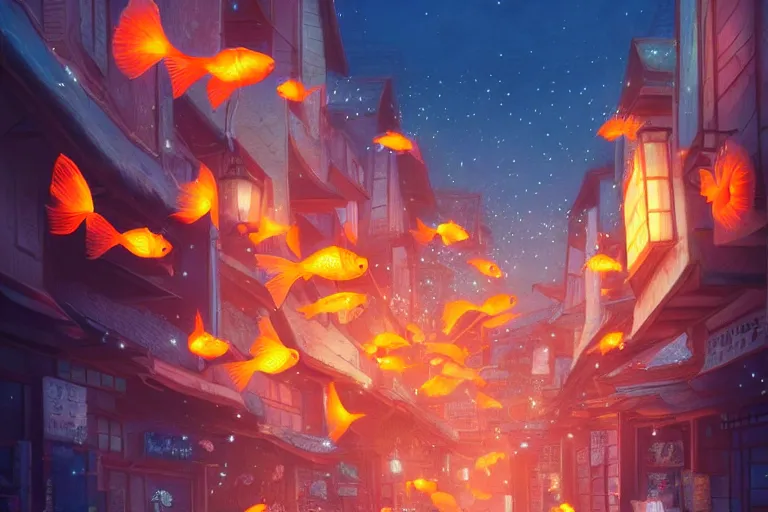 Image similar to fantasy art of glowing goldfish swimming in the air, in the streets of a japanese town at night, with people watching in wonder, by makoto shinkai, highly detailed digital art, trending on artstation