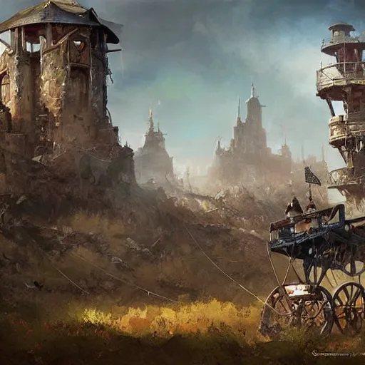 Image similar to a moving siege tower machine with cart wheels, crossbow on the tower, epic fantasy style art by Craig Mullins, fantasy epic digital art, epic fantasy card game art by Greg Rutkowski