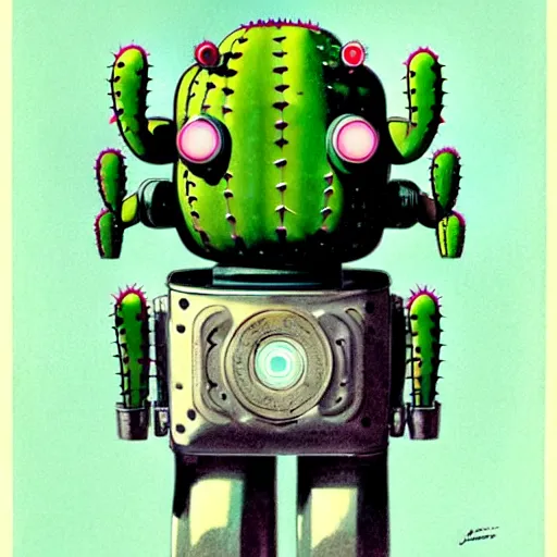 Image similar to medium shot 1950s retro cactus robot, Bionic Arms and eyes. muted colours. by Jean-Baptiste Monge