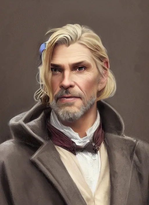 Prompt: a man aged 4 0 with tousled blonde hair and hazel eyes and a friendly expression. he is handsome, clean shaven and wearing a grey cloak. head and shoulders portrait painting by artgerm and greg rutkowski and alphonse mucha.