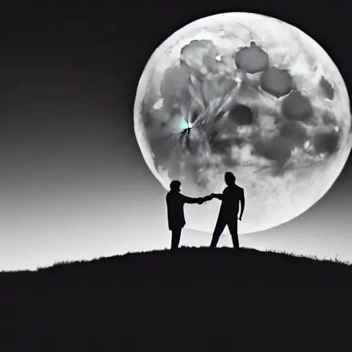 Image similar to silhouettes of two men holding hands on top of a hill with the moon visible in the sky behind them, black and white