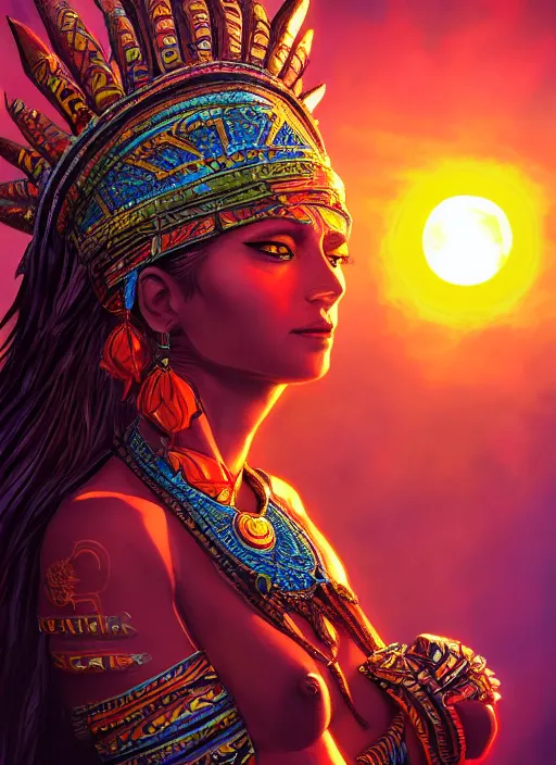 Image similar to aztec sun goddess, vivid colors, dark shadows, contrast, concept art, sharp focus, digital art, Hyper-realistic, 4K, Unreal Engine, Highly Detailed, Dramatic Lighting, Beautiful, by Brom