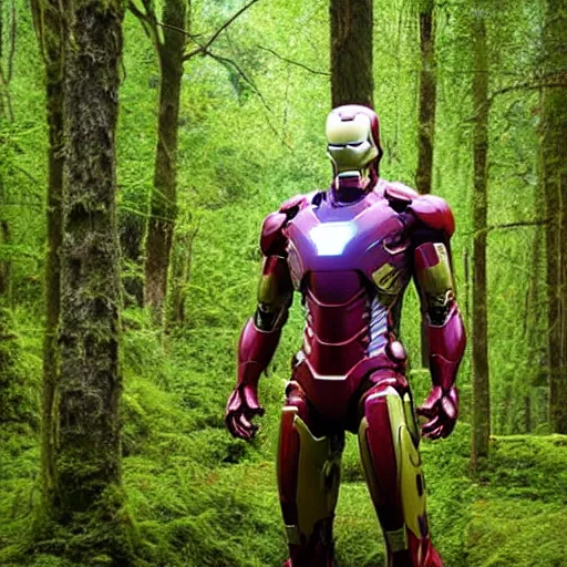 Prompt: abandoned iron man suit overgrown by moss in the middle of a forest, 4k realistic photo