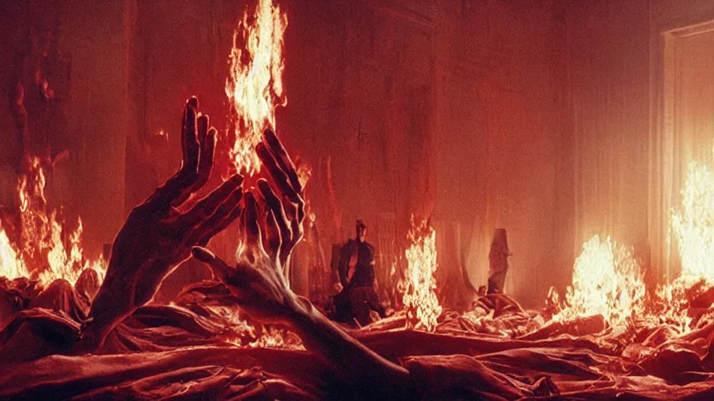 Prompt: a giant hand made of blood and fire floats through the living room, film still from the movie directed by Denis Villeneuve with art direction by Salvador Dalí, wide lens