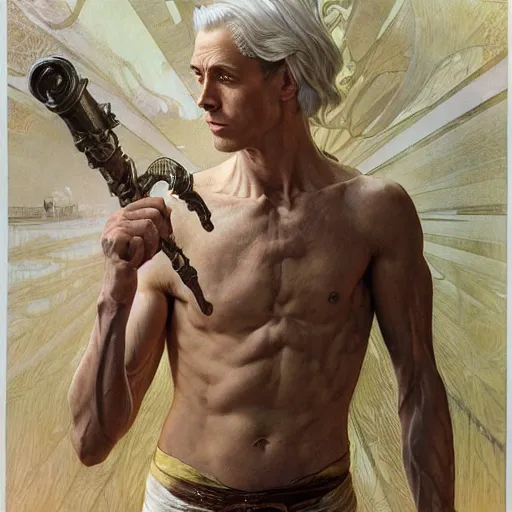 Prompt: skinny male, slightly muscular, white hair, long hair, highly detailed, sharp focus, digital paining, character concept art, art by joseph leyendecker, donato giancola, dean cornwell, ruan jia, ayami kojima, alphonse mucha, cedric peyravernay, tom bagshaw