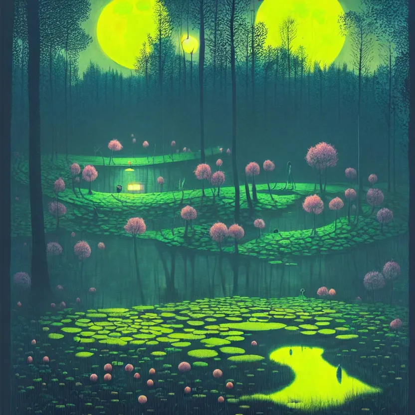 Prompt: ( ( ( gediminas pranckevicius ) ) ), a pond in the forest, moonlight, flower garden summer morning, very coherent and colorful high contrast art by simon stalenhag floralpunk screen printing woodblock, dark shadows, pastel color, hard lighting