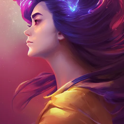 Image similar to portrait of beautiful woman with magical nebula hair, maya ali mage, gloomhaven, dynamic lighting, gaudy colors, octane render aesthetic, matte painting concept art, official fanart behance hd artstation by jesper ejsing, by rhads and makoto shinkai and lois van baarle and ilya kuvshinov and rossdraws