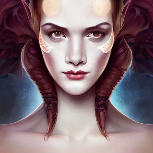 Image similar to an art nouveau, ( streamline moderne ), multi - racial portrait in the style of anna dittmann and charlie bowater and chanthara. very large, clear, expressive, and intelligent eyes. centered, ultrasharp focus, dramatic lighting, photorealistic digital matte painting, intricate symmetrical ultra detailed background.